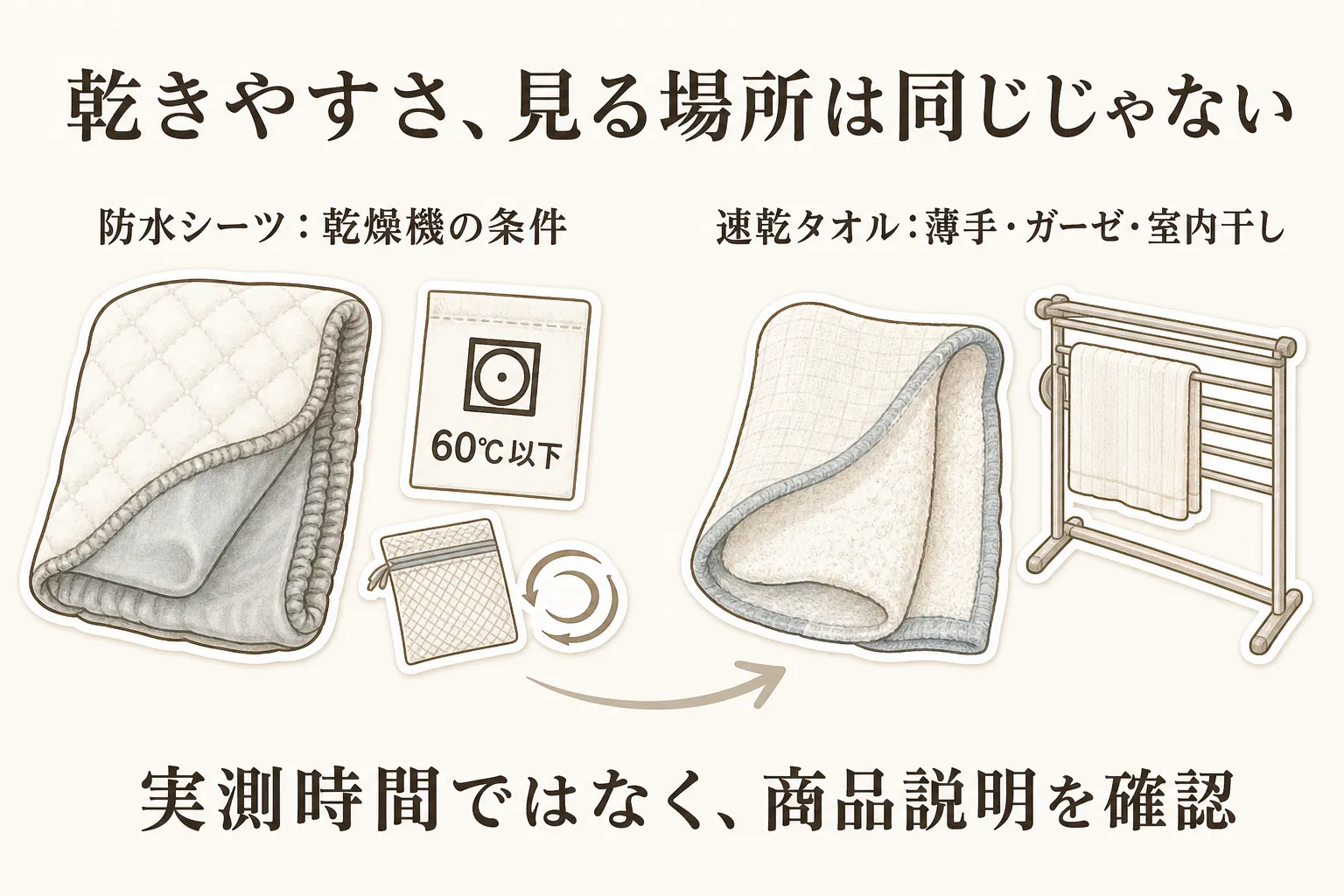 防水シーツと速乾タオルで乾きやすさの確認場所が異なることを示す図。防水シーツは乾燥機の条件と60℃以下の表示、速乾タオルは薄手・ガーゼ・室内干しを確認し、実測時間ではなく商品説明を確認する流れを示す。出典：本記事の商品説明
