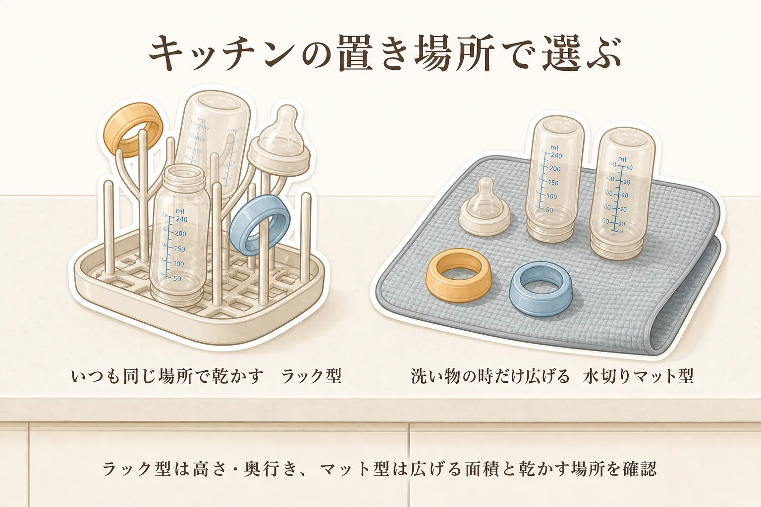 キッチンの置き場所に合わせて、いつも同じ場所で哺乳瓶とパーツを乾かすラック型と、洗い物の時だけ広げる水切りマット型を選ぶ図。ラック型は高さと奥行き、マット型は広げる面積と乾かす場所を確認することを示す。出典：本記事本文