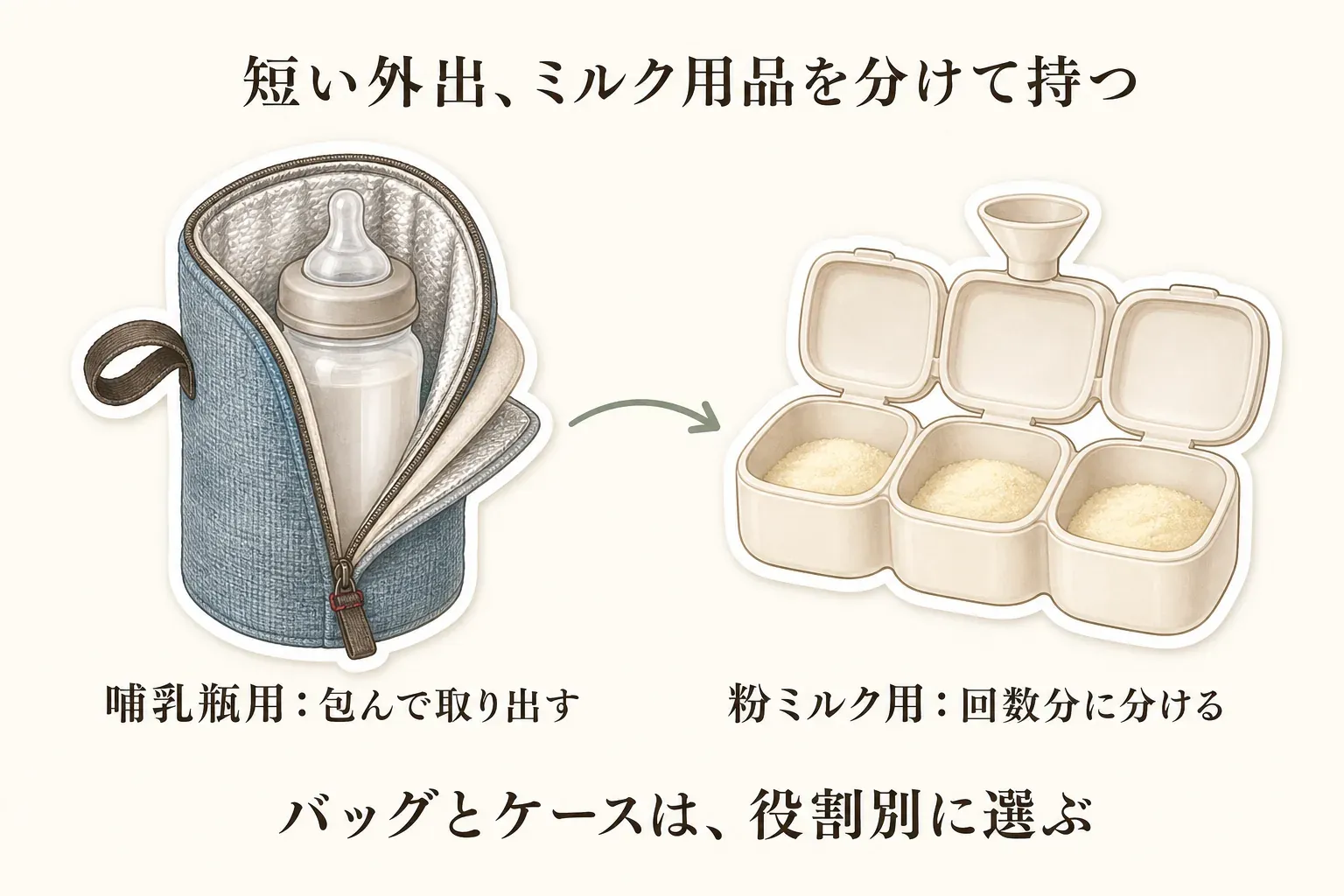 短い外出でミルク用品を役割別に持つ図。左は哺乳瓶を保温バッグに入れて包み、取り出す様子、右は粉ミルクを3区画のケースに回数分に分ける様子を示し、バッグとケースを役割別に選ぶことを伝えている