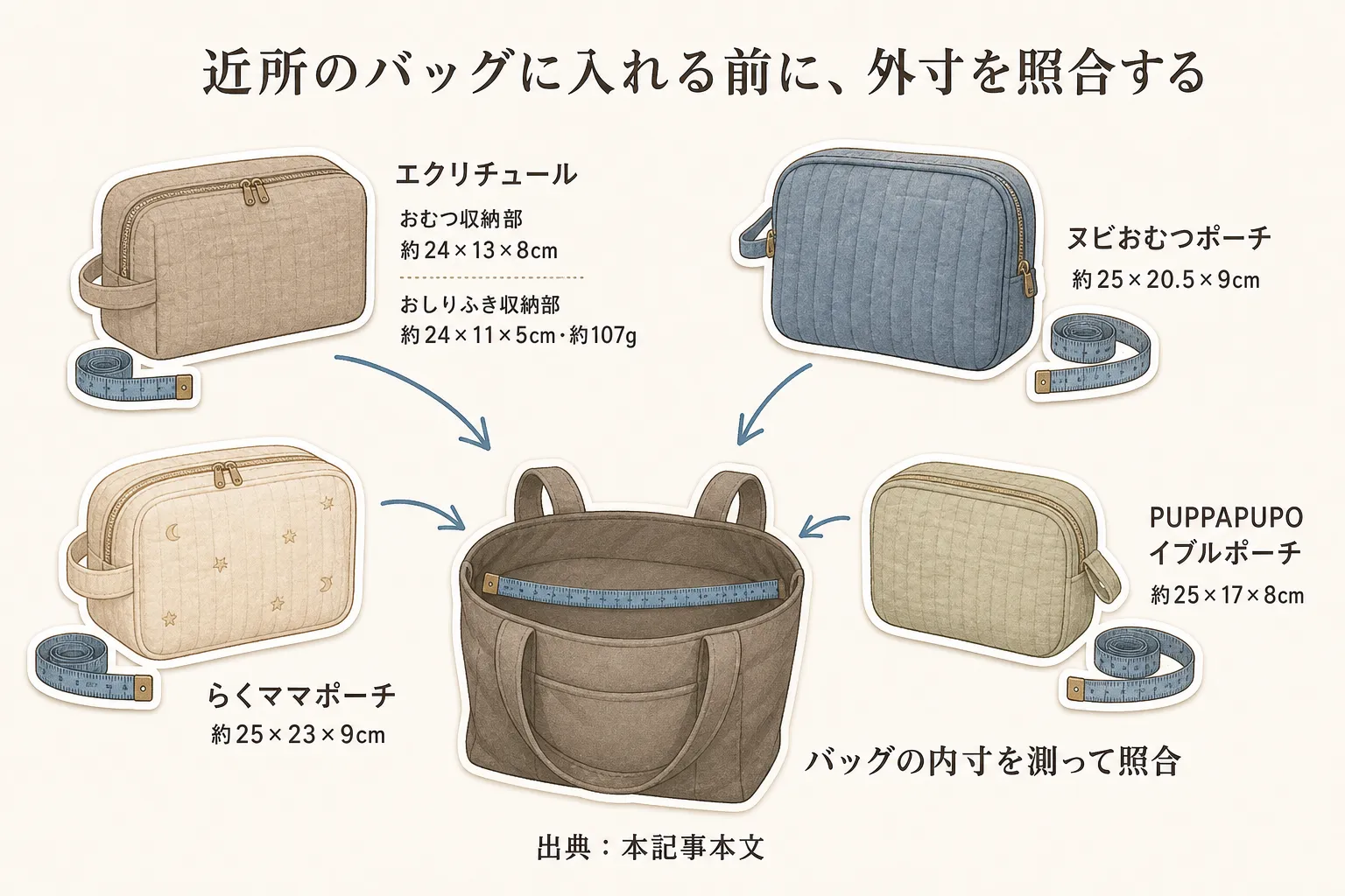 大容量おむつポーチが近所用バッグに収まるかを確認する図。ポーチの横幅・高さ・マチをバッグの内寸と照合し、ポーチを入れたあとも財布やスマートフォンを取り出せる余白、ベビーカーに掛ける場合の持ち方を確認する様子を示す。出典：本記事の商品説明