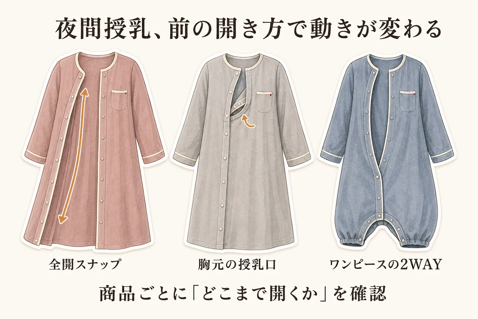 夜間授乳時の前の開き方を、全開スナップ、胸元の授乳口、ワンピースの2WAYの3種類のパジャマで示し、商品ごとにどこまで開くかを確認するよう促す図