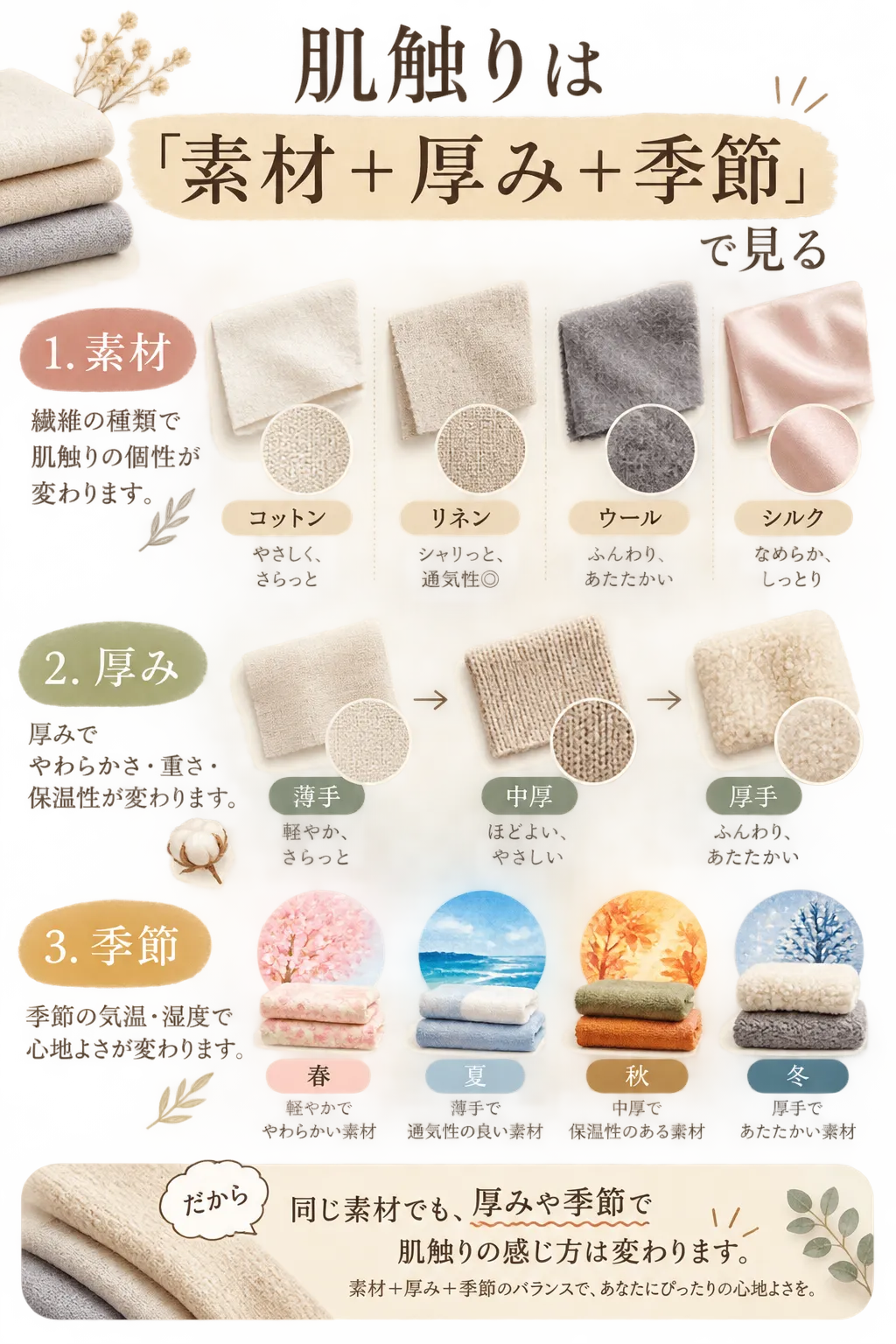 パジャマの肌触りを素材・厚み・季節で見る図。コットン、リネン、ウール、シルクの特徴と、薄手・中厚・厚手、春夏秋冬に合う生地の考え方を示している