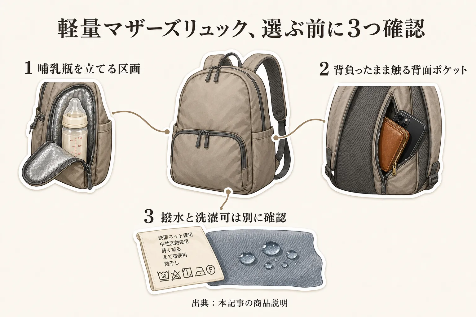 軽量マザーズリュックを選ぶ前に、哺乳瓶を立てて入れられる区画、背負ったまま財布やスマホに触れられる背面ポケット、撥水加工と洗濯可を別々に確認する3つのポイントを、リュックと洗濯表示のイラストで示す図。出典：本記事の商品説明