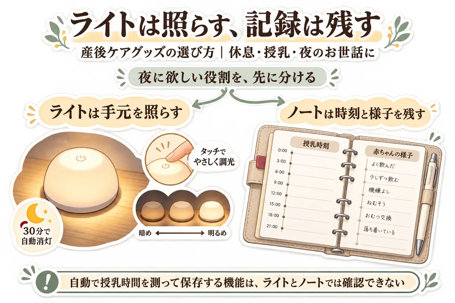 夜に必要な役割を、手元を照らしてタッチ調光や30分自動消灯を行うライトと、授乳時刻や赤ちゃんの様子を残すノートに分けて示し、どちらにも授乳時間を自動計測して保存する機能は確認できないことを伝える図