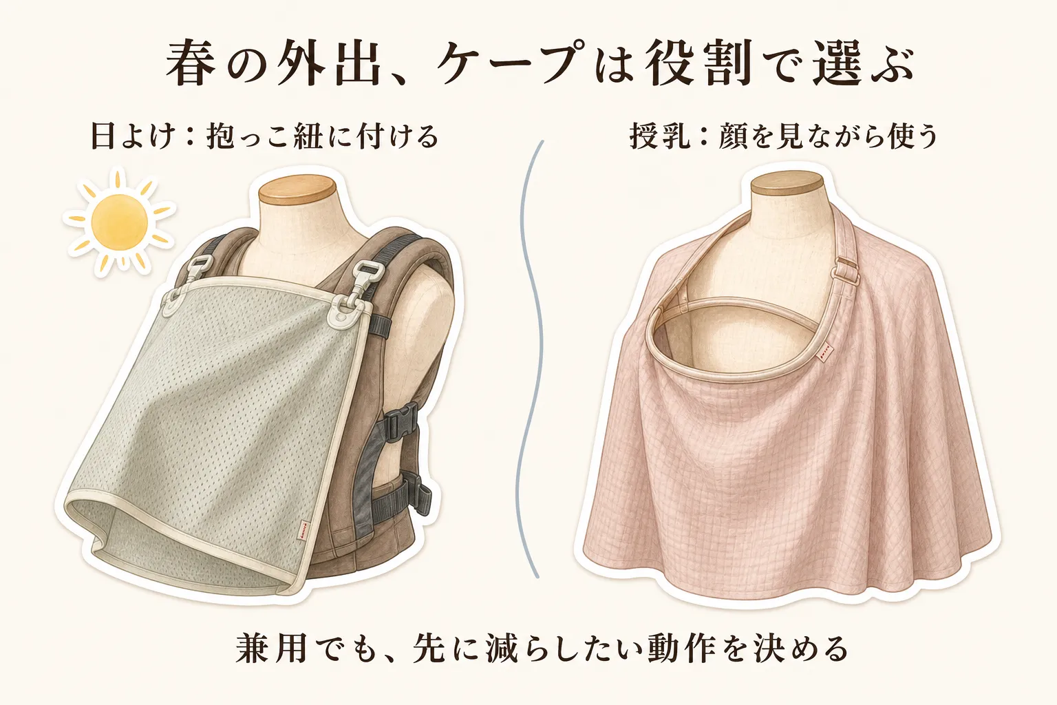 春の外出でのケープの役割を示す図。左は抱っこ紐に取り付けて日よけに使うメッシュのUVケープ、右は赤ちゃんの顔を見ながら使うワイヤー入りの授乳ケープで、兼用する場合も先に減らしたい動作を決めることを示している