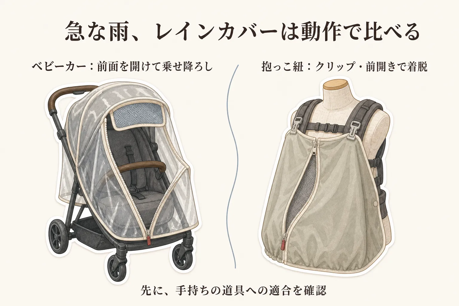 急な雨のレインカバー選びを動作で比べる図。ベビーカーは前面を開けて乗せ降ろしすること、抱っこ紐はクリップや前開きで着脱すること、どちらも先に手持ちの道具への適合を確認することを示している