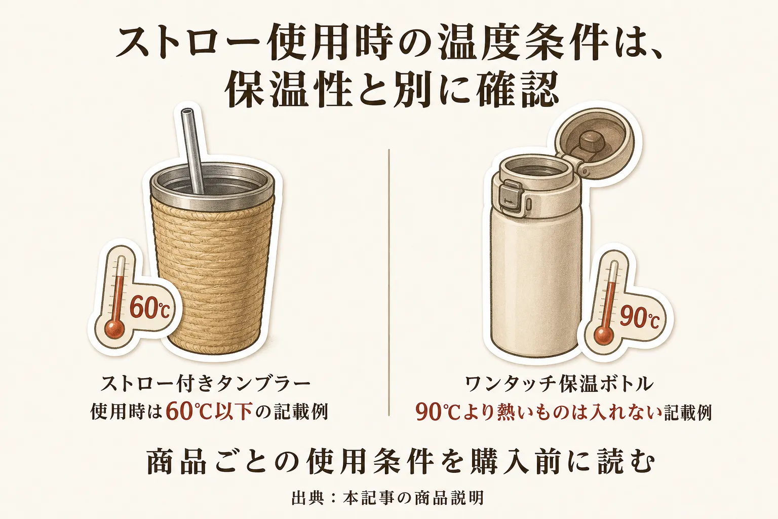 ストロー使用時の温度条件は保温性と別に確認することを示す図。ストロー付きタンブラーは使用時60℃以下の記載例、ワンタッチ保温ボトルは90℃より熱いものは入れない記載例を並べ、購入前に商品ごとの使用条件を読むよう示す。出典：本記事の商品説明
