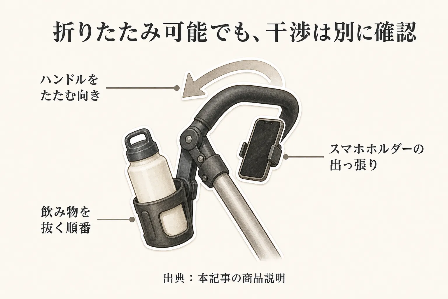 ドリンクホルダーを付けたベビーカーを折りたたむ前に干渉を確認する図。ハンドルをたたむ向き、スマホホルダーの出っ張り、飲み物を抜く順番を、飲み物とスマートフォンを装着したハンドルのイラストで示す。出典：本記事の商品説明