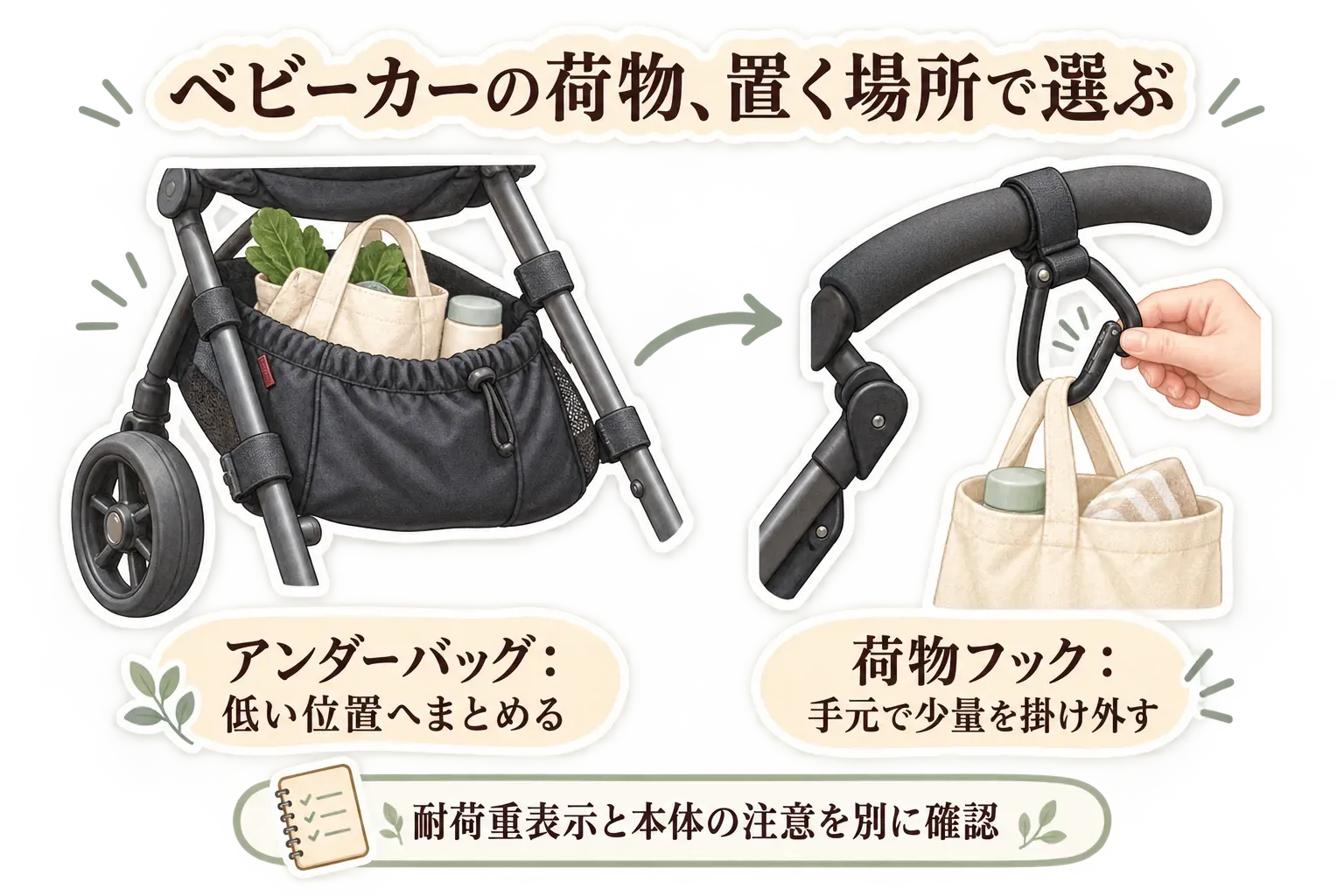 ベビーカーの荷物を置く場所の使い分けを示す図。アンダーバッグはベビーカー下の低い位置に荷物をまとめ、荷物フックはハンドルで少量の袋を掛け外しする様子と、耐荷重表示とは別にベビーカー本体の注意事項を確認することを示す。出典：本記事の商品説明