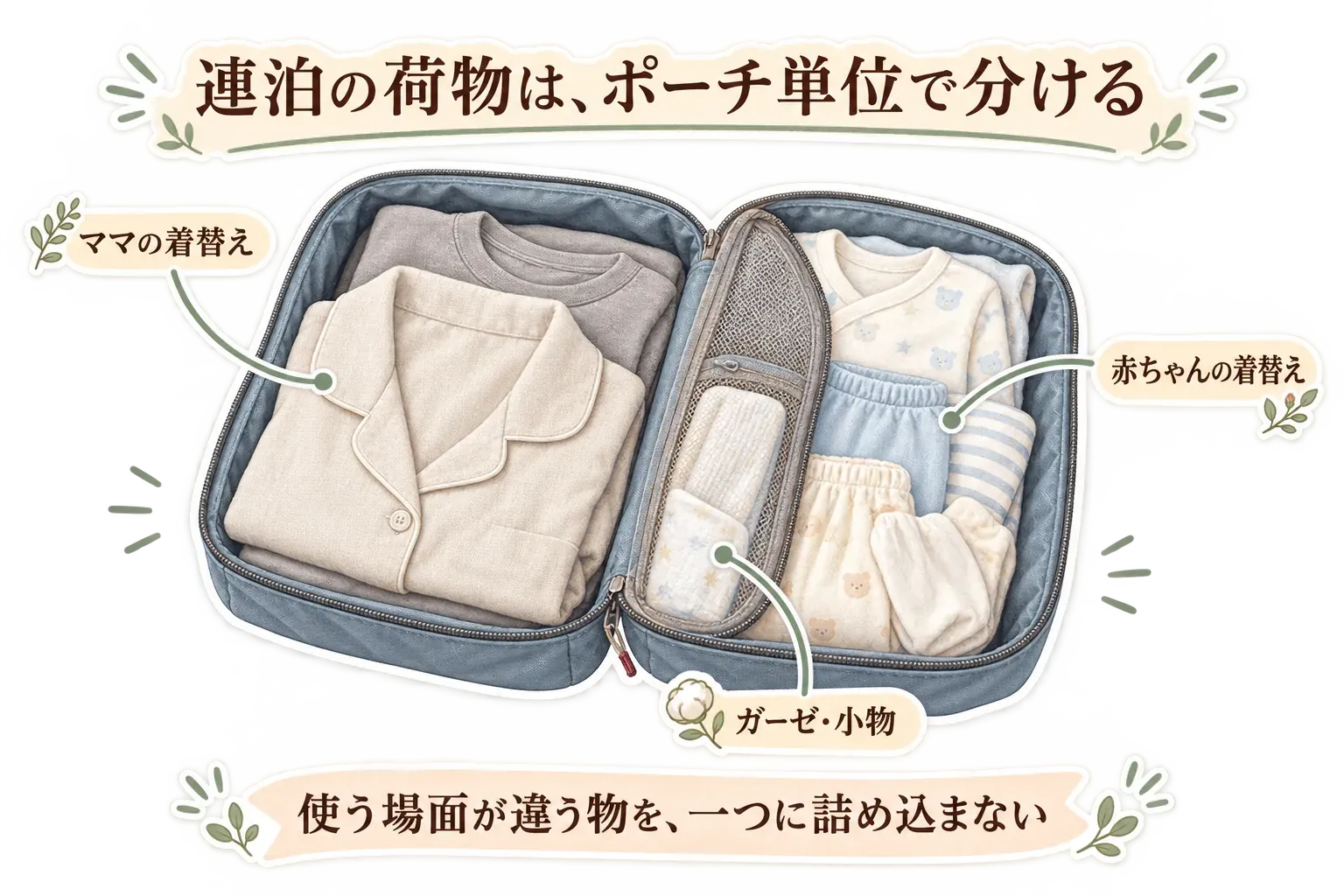 産後ケア施設への連泊で旅行用圧縮ポーチを使い分ける図。大きめのポーチにママの着替えとパジャマ、小さめのポーチに赤ちゃんの着替えとガーゼ・小物を入れ、おむつとおしりふきは取り出しやすい別のバッグへ分ける収納の役割を示す。出典：本記事の商品説明