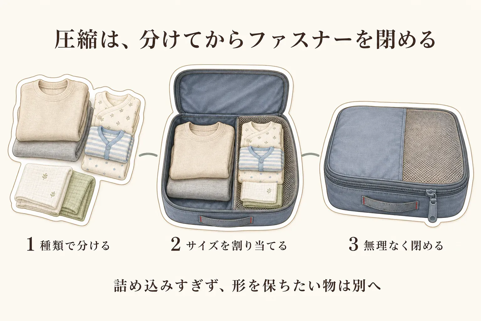 旅行用圧縮ポーチへ荷物を詰める順番を示す図。ママの衣類、赤ちゃんの着替え、ガーゼなどをまず種類で分け、次に薄手と厚手の衣類でポーチのサイズを割り当て、最後にファスナーで無理なく圧縮する3段階を示す。形を保ちたい赤ちゃん用品は別にすることも示す。出典：本記事の商品説明