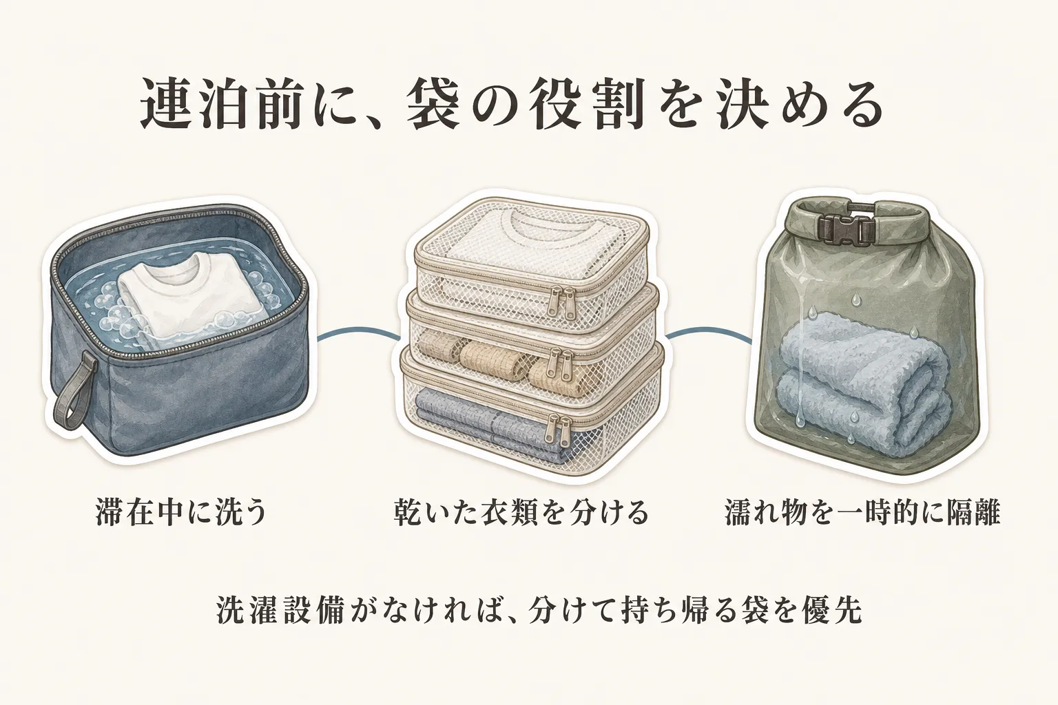 産後ケア施設への連泊前に袋の役割を決める図。洗濯用バッグで滞在中に衣類を洗う、洗濯ネットで乾いた衣類を分ける、防水バッグで濡れ物を一時的に隔離する3つの使い方と、洗濯設備がなければ分けて持ち帰る袋を優先することを示す。出典：本記事の商品説明