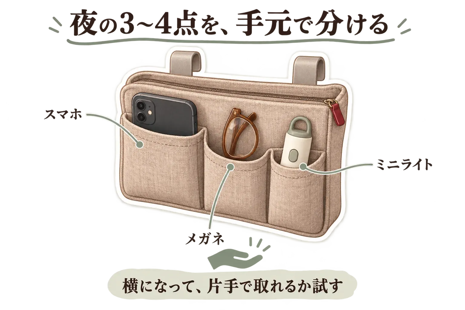 ベッドサイド吊り下げポーチの3つのポケットにスマホ、メガネ、ミニライトを分けて入れ、横になったまま片手で取れるか試す様子を示す図